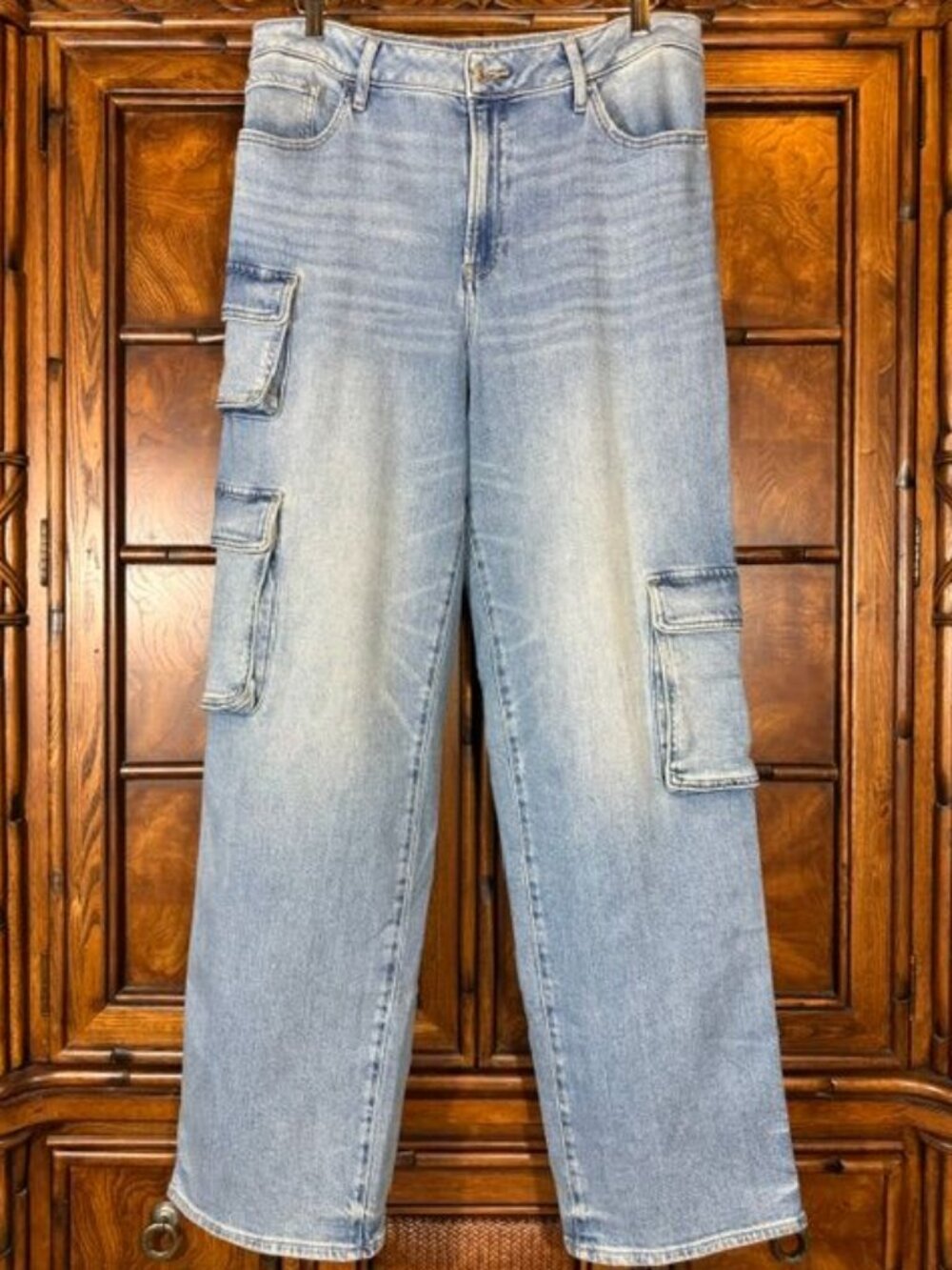 Express Mid Wash Relaxed Straight High Rise Cargo Stretch Jean